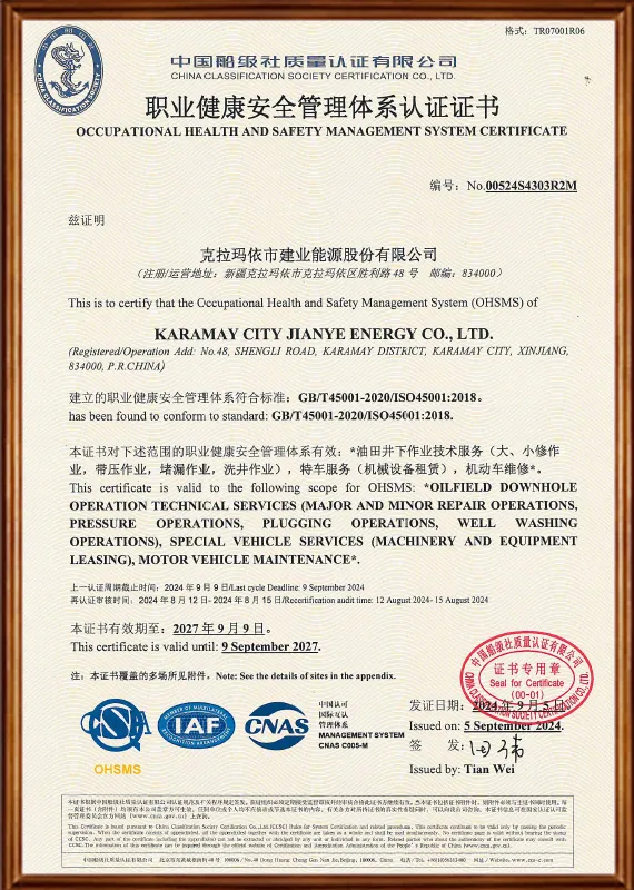 Occupational Health and Safety Management System Certification Certificate